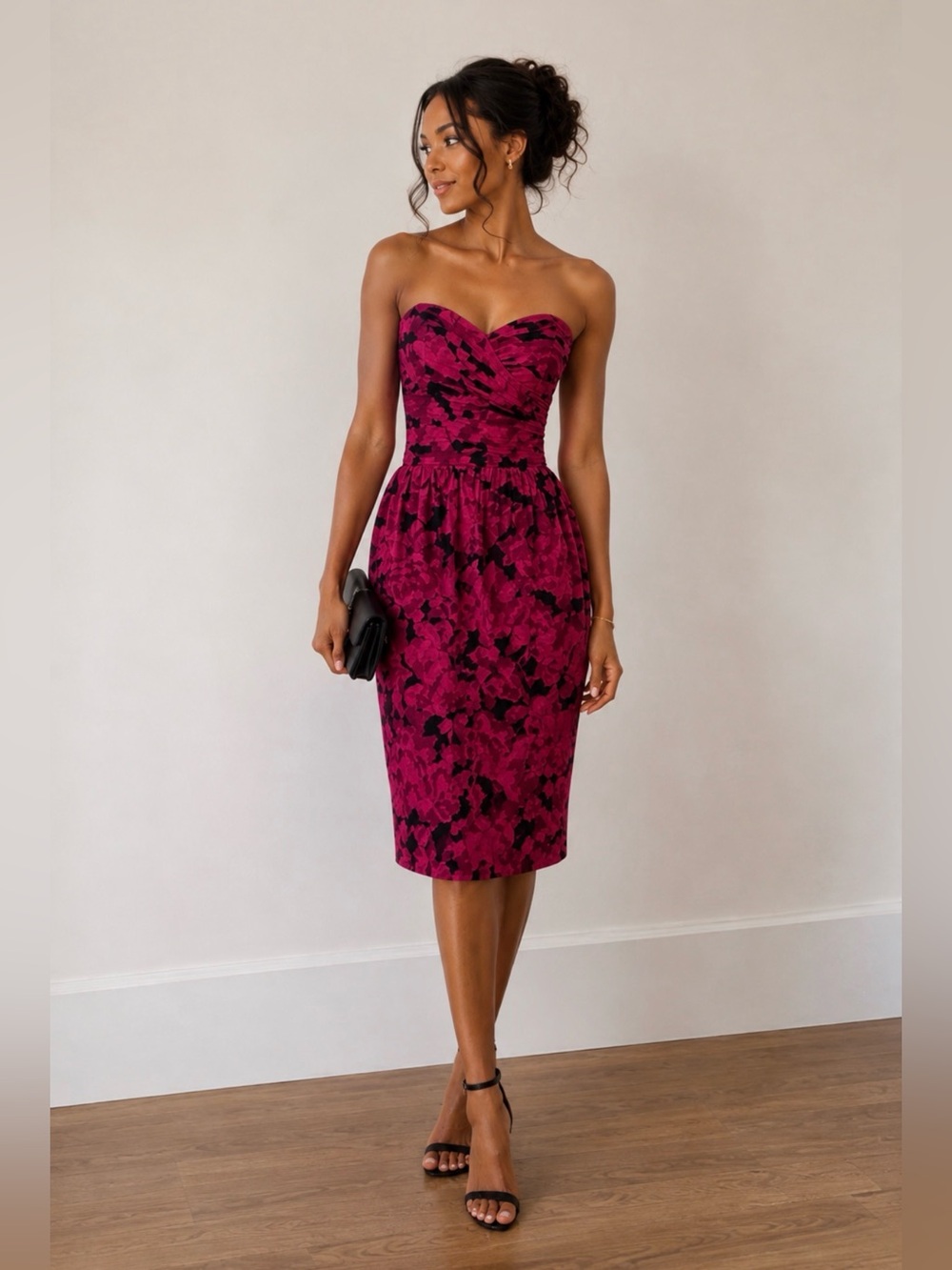 Vintage 1980s Rickie Freeman for Teri Jon Silk Floral Strapless Cocktail Dress S